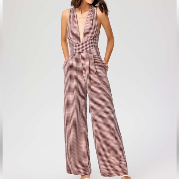 Cider Brown Gingham Plunge V-Neck One Piece Wide Leg Pantsuit Jumpsuit Size XL - Picture 7 of 16